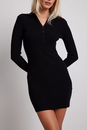 Black Ribbed Knitted Button Detail Mini Dress