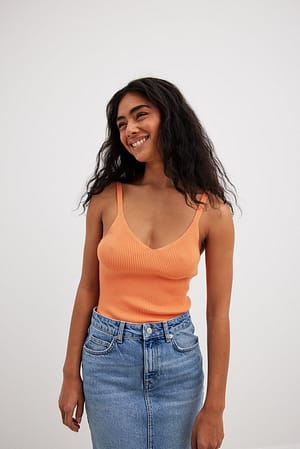 Orange Ribbed Knitted Deep Back Top