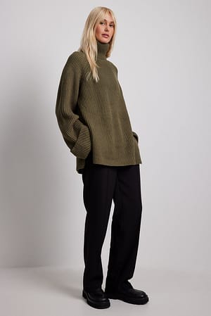 Burnt Olive Ribbed Knitted High Neck Sweater