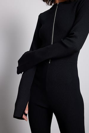 Black Ribgebreide jumpsuit
