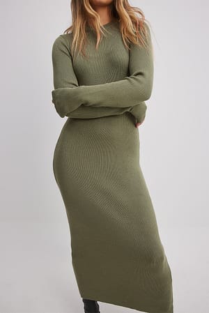 Khaki Ribbed Knitted Midi Dress