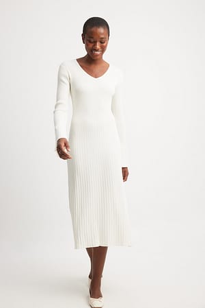 Off White Ribbed Knitted Midi Dress