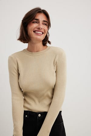 Light Beige Ribbed Knitted Round Neck Sweater