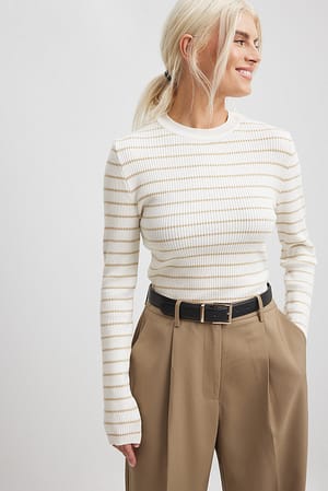 Beige Stripe Ribbed Knitted Round Neck Sweater