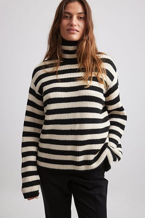 Beige/Black Stripe Ribbed Knitted Striped Polo Sweater