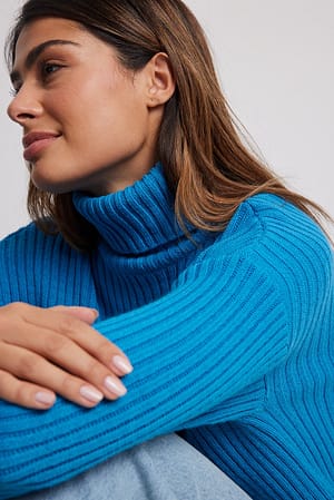Blue Ribbed Knitted Turtleneck Side Slit Sweater