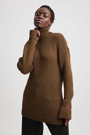 Brown Ribbed Knitted Turtleneck Side Slit Sweater