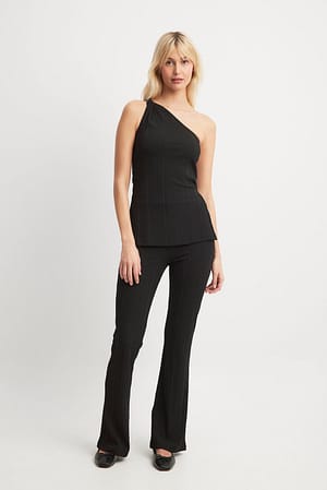 Black Ribbed Mid Waist Trousers