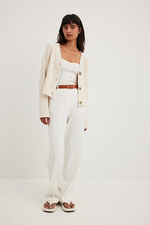 Ribbed V-Neck Knitted Cardigan Offwhite | NA-KD