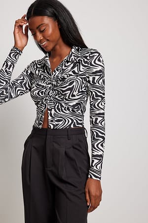 Print Rouched Slinky Button Top