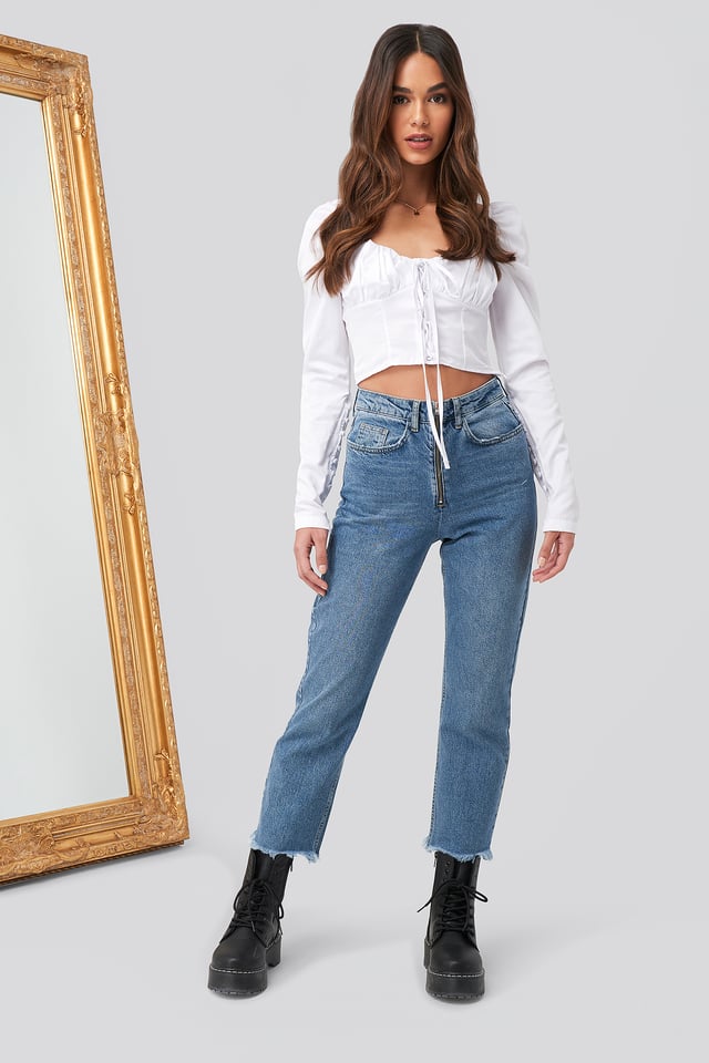 Front Zipper Denim Pants Mid Blue