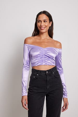 Purple Rouched Shiny Long Sleeve Top