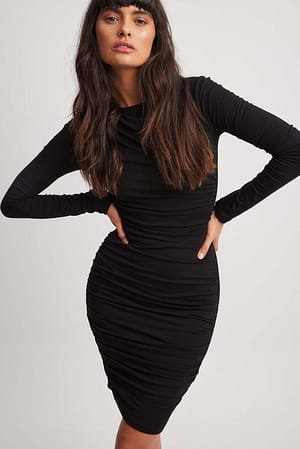 Black Rouched Side Long Sleeve Dress