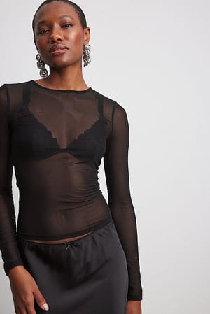Black Round Neck Fitted Mesh Top