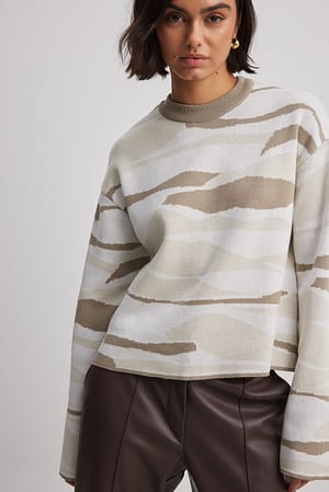Beige Mix Żakardowy sweter z dzianiny z okrągłym dekoltem
