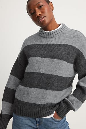 Grey Stripe Round Neck Knitted Striped Sweater