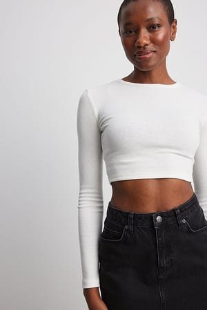 Offwhite Round Neck Ribbed Long Sleeve Crop Top