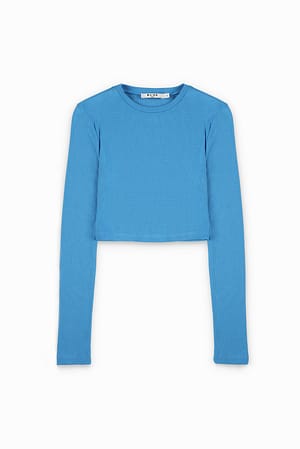 Blue Round Neck Ribbed Long Sleeve Crop Top
