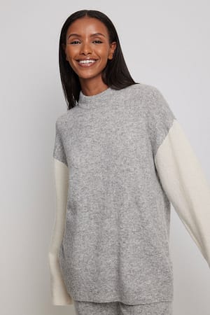 White/Grey Round Neck Wool Blend Sweater