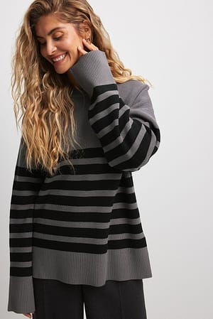 Grey/Black Round Neck Striped Knitted Sweater