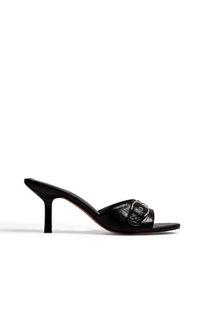 Black Croco Rounded Toe Buckle Detailed Mules