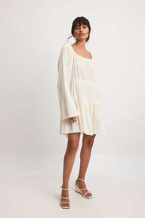Cream Ruched Detail Long Sleeve Mini Dress
