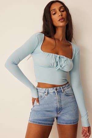 Light Blue Ruched Front Tie Recycled Top