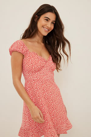 Painted Floral Coral Recycled Ruched Sleeve Mini Dress
