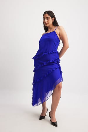 Blue Midi-jurk met ruches van chiffon