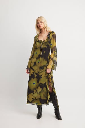 Flower Print Maxi-jurk met hoge split en ruches