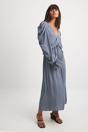 Blue Grey Midi-jurk met ruches en gestrikte mouwen