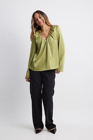 Satin Blouse with Gathered Neckline Outfit