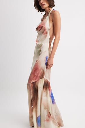 Watercolor Print Satijnen maxi-jurk met halternek