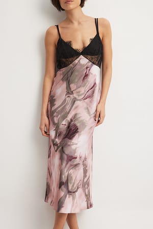 Pink Print Satin Lace Detail Midi Dress