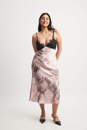 Pink Print Midi-jurk met satijnen kanten detail