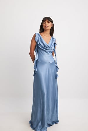 Blue Vestido maxi sereia de cetim