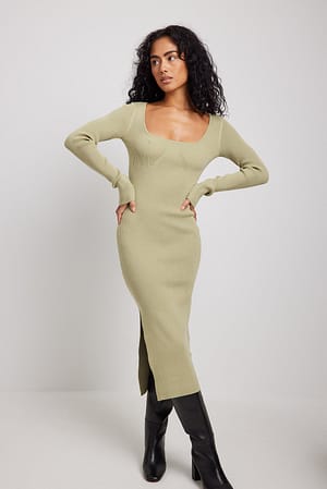 Khaki Midi-jurk met split en lage ronde hals