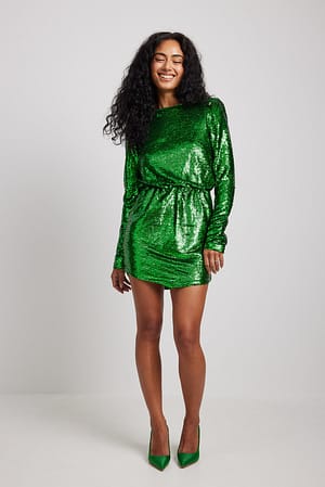 Dark Green Mini-jurk met pailletten en diepe rug