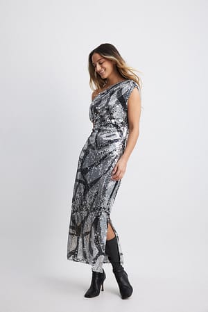 Black/Silver Off Shoulder Sequins Midi Dress