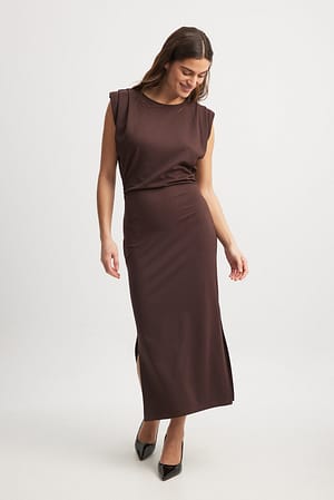Brown Sharp Shoulder Midi Dress