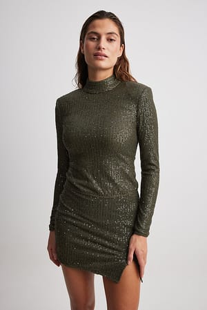 Olive Green Sharp Shoulder Sequin Top