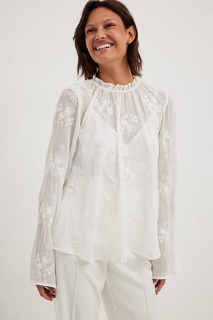 White Sheer Embroidery Blouse