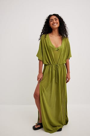 Green Sheer Knitted V-neckdrop Maxi Dress