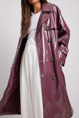 Burgundy Shiny PU Belted Trench Coat