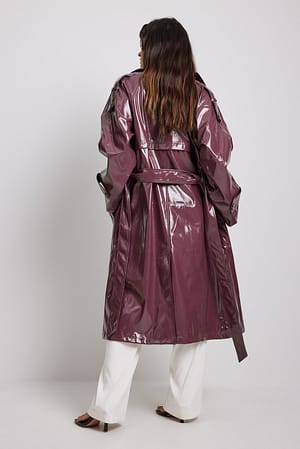 Burgundy Shiny PU Belted Trench Coat