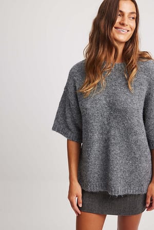 Charcoal Grey Short Sleeve Knitted Sweater
