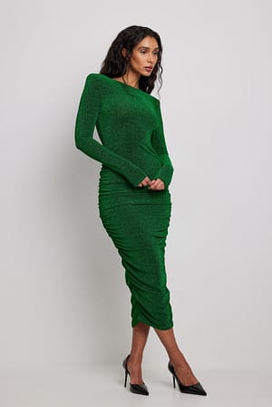 Green Shoulder Pad Rouched Glitter Midi Dress