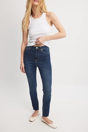 Dark Blue Skinny jeans met hoge taille en onafgewerkte zoom