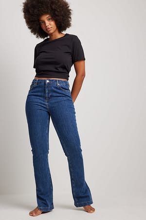 Mid Blue Jeans skinny high waist com corte lateral