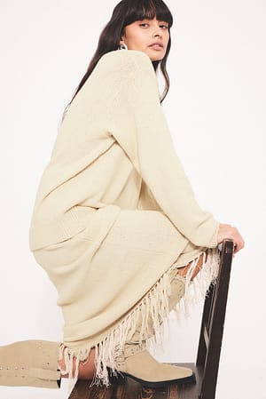 Beige Knitted Fringe Detail Midi Skirt